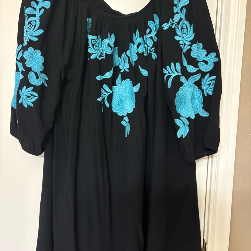 Black Top with Blue Floral Embroidery